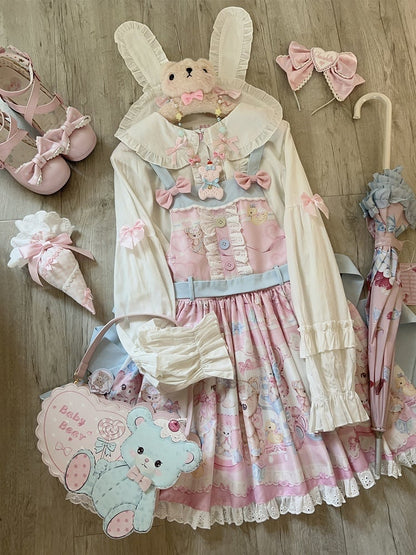 Teddy Print Pink Sweet Lolita Overall Dress