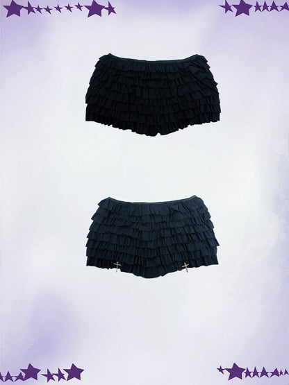 Black Elastic Waist Cross Charms Tiered Ruffles Skort