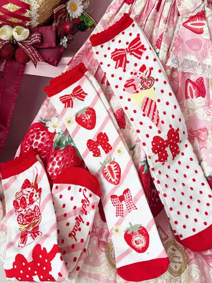 Strawberry Ice Cream Lolita Polka-dot Pattern Ruffled Cuff Calf socks