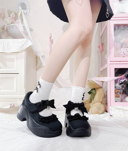 Black Lace Trim Bowknot Velcro Strap Closures Jirai Kei Platforms