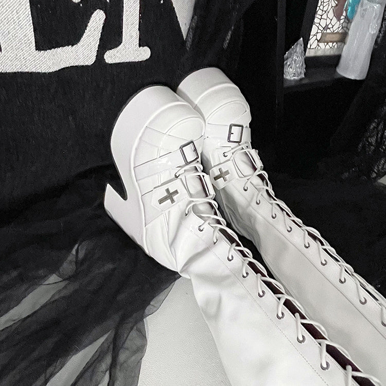 Matte White Front Lace-up Ties Buckle Straps 12CM Heel Platform Thigh-high Boots