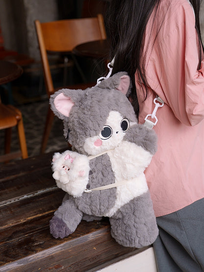 Gray Cute Plush Kitty Backpack/Crossbody Bag