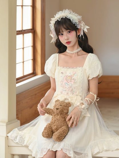 Sweet Fairy Tale Print Apricot Square Neckline and Short Puff Sleeves Big Bow Waist Casual Lolita Dress