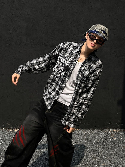 Punk Rock Skeleton and Cross Appliques Black & White Plaid Shirt