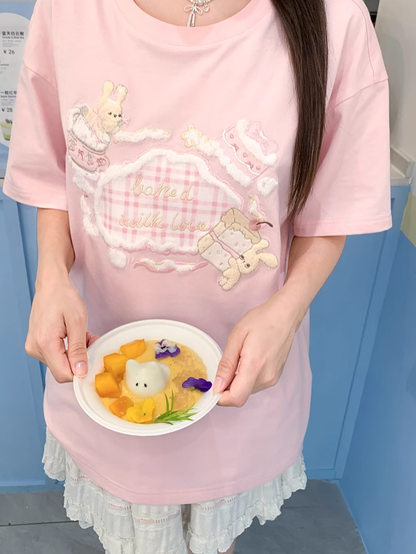 Adorable Bunny Embroidery Pink Round Neck Loose T-shirt