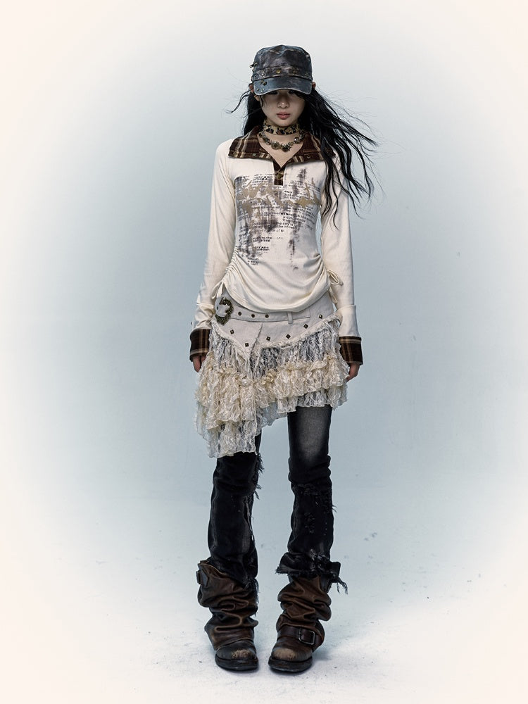 Beige Lace Asymmetrical Hem Skirt with Distressed Trim and Buckle Detail