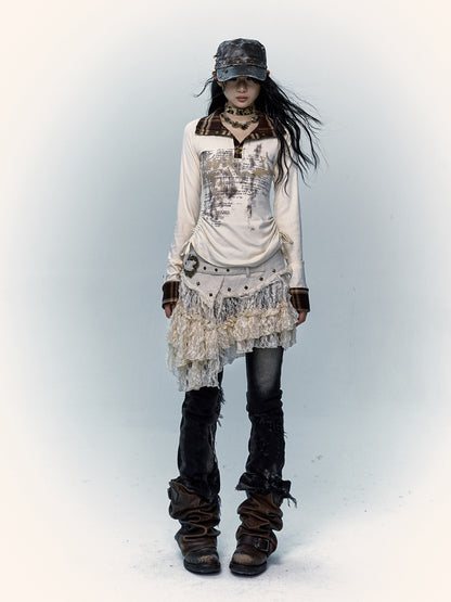 Beige Lace Asymmetrical Hem Skirt with Distressed Trim and Buckle Detail