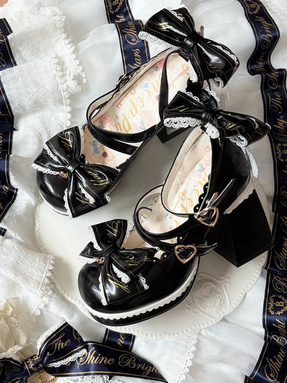 Black Crisscross Design Heart Buckles Detachable Bow at Top High Block Heels