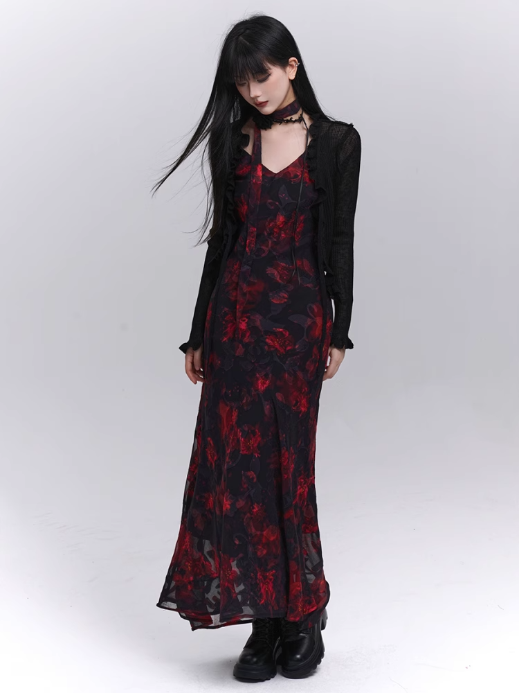 Red and Black V-Neck Ankle Length Floral Slip Dress