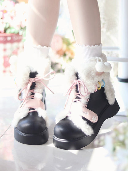 Thick Sole with Plush Rabbit Decor & Dual Closure System Black Snow Boots in Sweet Lolita