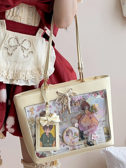 Light Yellow Bow Accents Lace-up Detail Ita Shoulder Bag with Free Charm