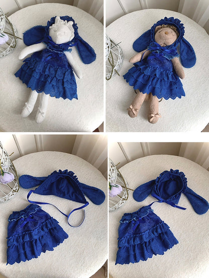 Blue Rosette and Bowknot Embroidery Dress + Bunny Ears Hat