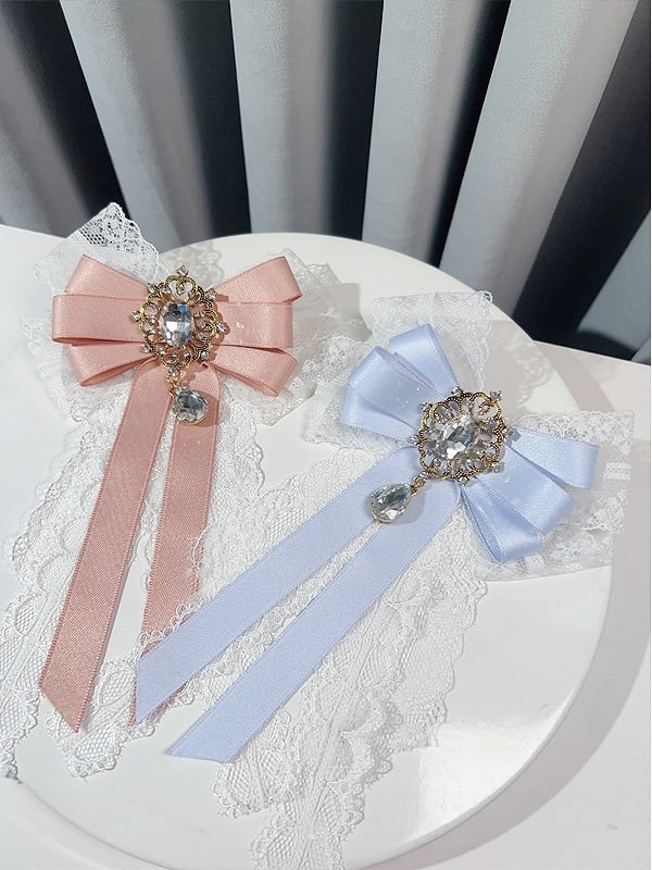 Pink/Blue/Green Lace Detail Rhinestone Decorated Bow Tie