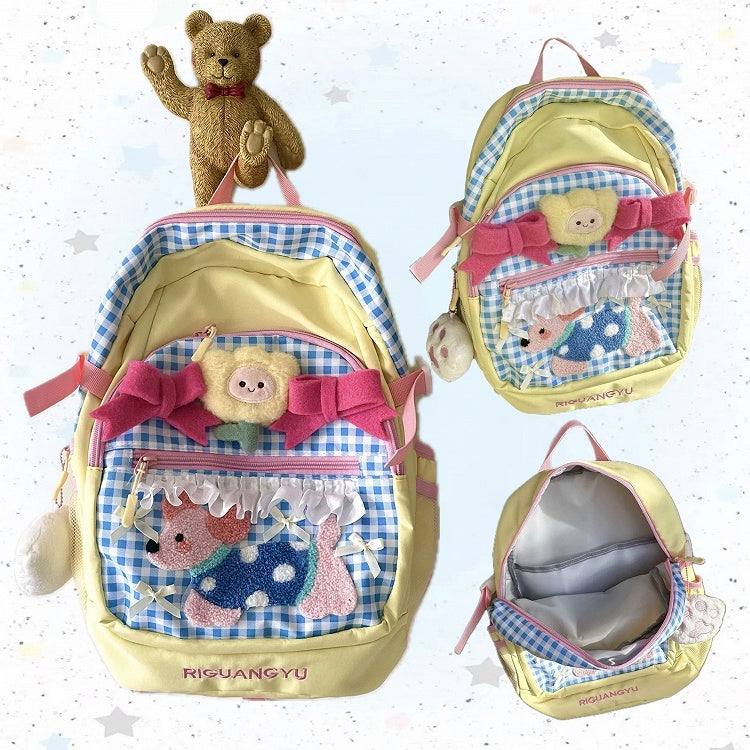 Yellow & Blue Plaid Preppy & Sporty Backpack with Plush Puppy Applique