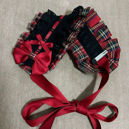 Black&Red Plaid Pattern Bowknot Details Ruffled Hairband