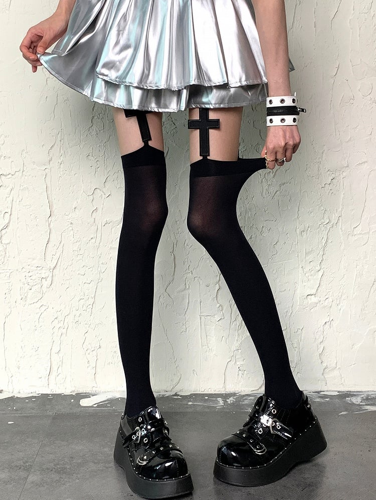 Black//White Y2K Cross Applique Suspender Stockings