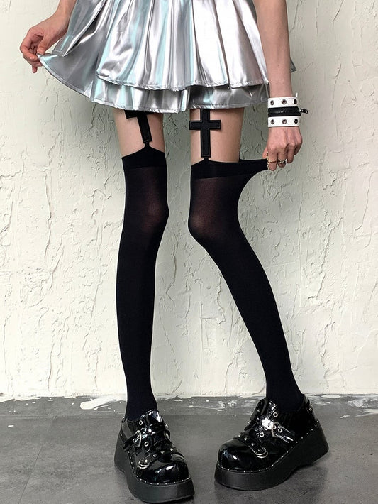 Black//White Y2K Cross Applique Suspender Stockings