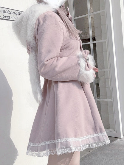 Jirai Kei Pink A-Line Waisted Coat | Detachable Plush Bunny Ear Hood & Bowknots
