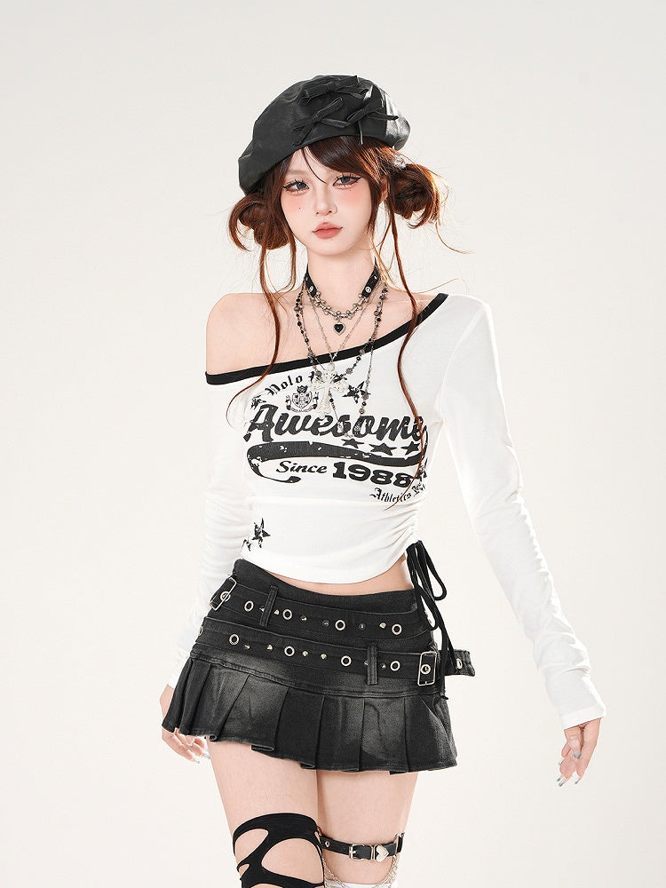 Black/White Asymmetrical Neckline Drawstring Waist Graphic Top