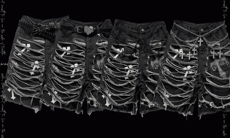 Dark Gray Cross Appliques Distressed Holes Y2K Glamorous Denim Shorts