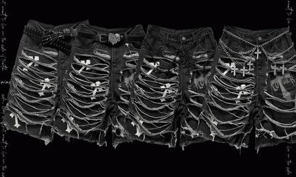 Dark Gray Cross Appliques Distressed Holes Y2K Glamorous Denim Shorts