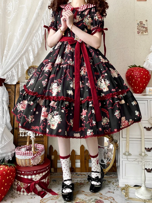 Teddy and Strawberry Print Black Lolita Short Sleeves Dress