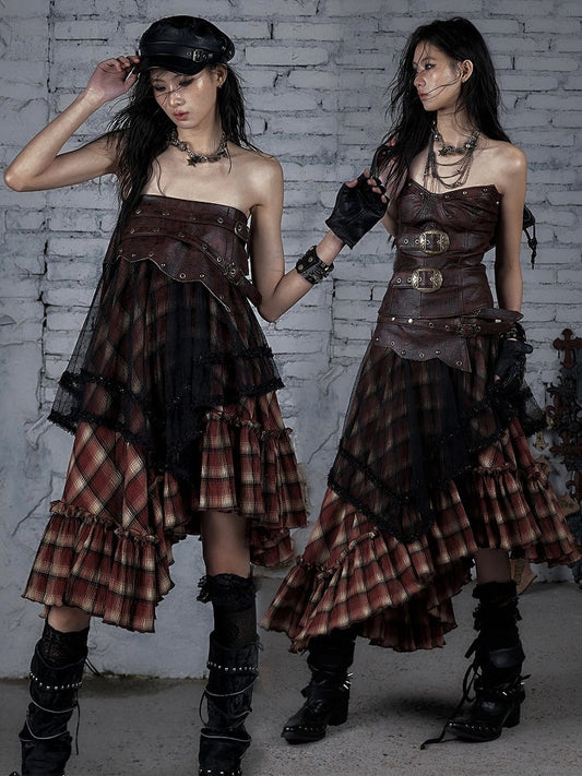 Black&Red Wasteland Punk Plaid Pattern Studs PU Waistline Asymmetrical Flounce Hem Skirt