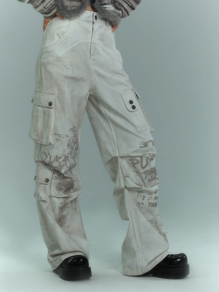Punk White Distressed Streetwear Wide Leg Cargo Jeans