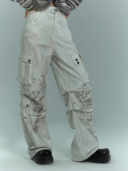 Punk White Distressed Streetwear Wide Leg Cargo Jeans