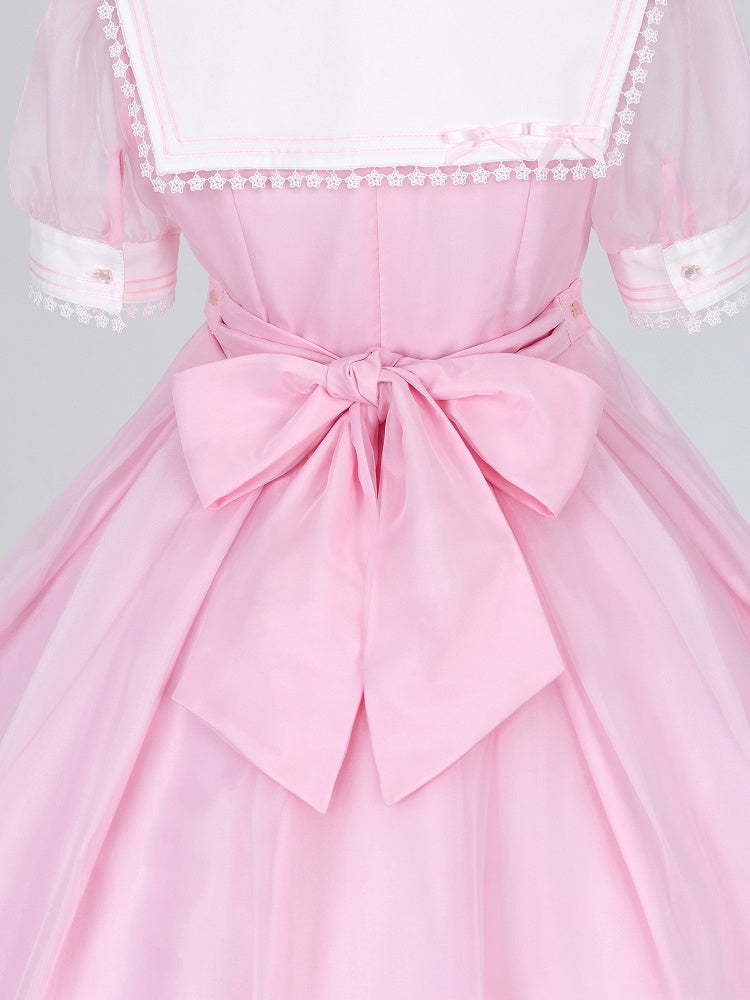 Star Lace Trimmed Sailor Collar Short Sleeves Pink Lolita Dress with a Free Bowtie Magical Girl Dress