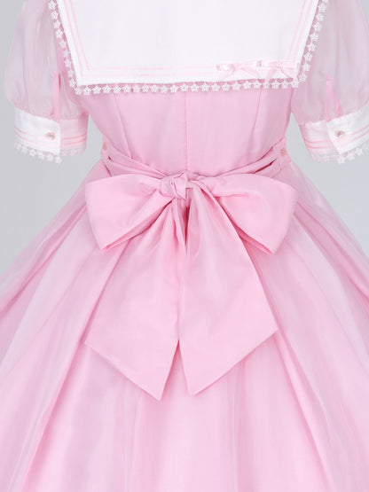 Star Lace Trimmed Sailor Collar Short Sleeves Pink Lolita Dress with a Free Bowtie Magical Girl Dress