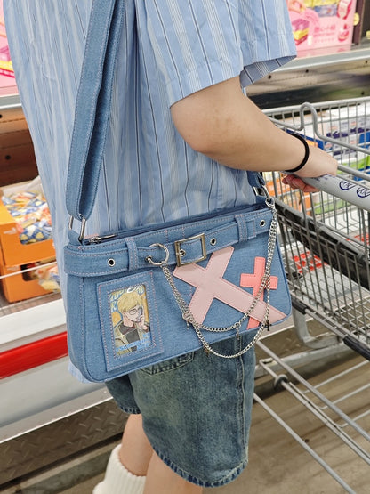 Blue Cross Design Denim Ita Bag with Detachable Chain