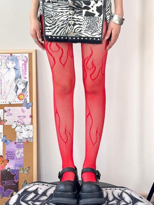 Black/Red Y2K Fire Pattern Tights
