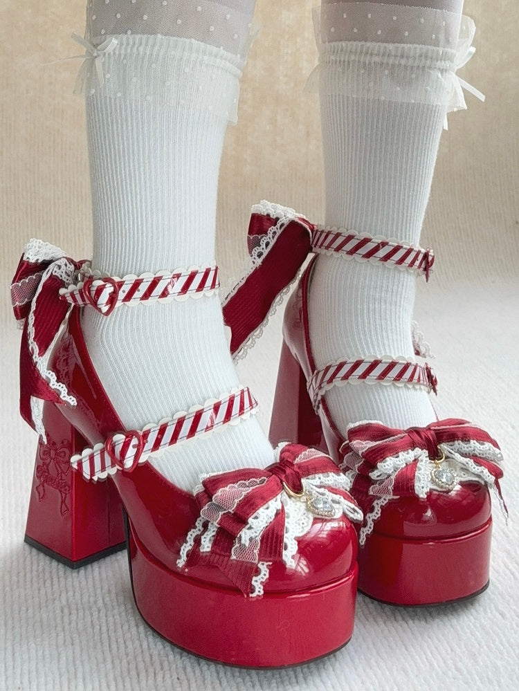 Dazzling Crystal Bow & Striped Pattern Straps PU Leather Red Platform High Block Heel Mary Janes in Elegant Lolita