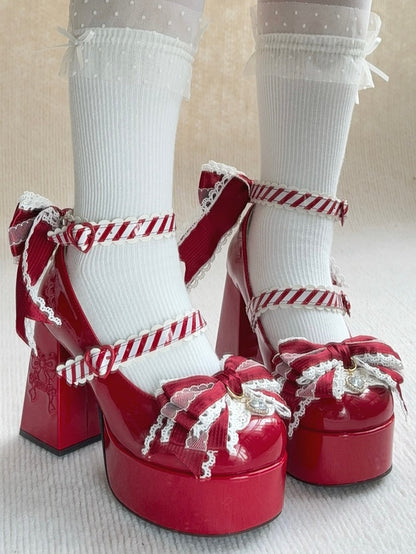 Dazzling Crystal Bow & Striped Pattern Straps PU Leather Red Platform High Block Heel Mary Janes in Elegant Lolita