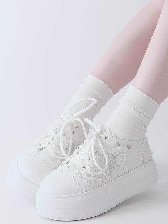 White Y2K Star Applique Platform Sneakers