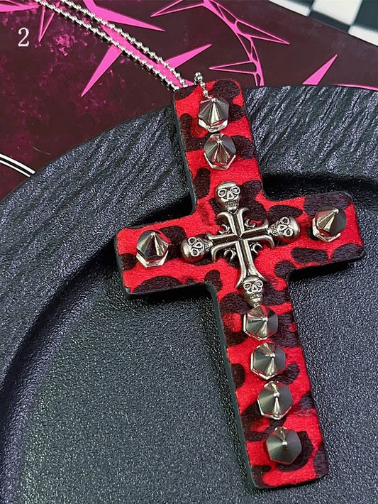 9 Options Gyaru Fashion Skeleton And Studs Leopard Cross Necklace