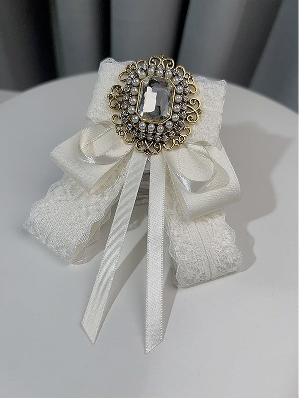 Black/White Rhinestone And Beaded Decorated Bow Tie