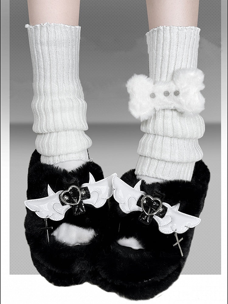 Cross Wings Decorated Black Plush Platform Slippers Punk Winter Shoes