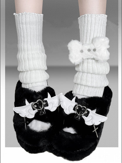 Cross Wings Decorated Black Plush Platform Slippers Punk Winter Shoes
