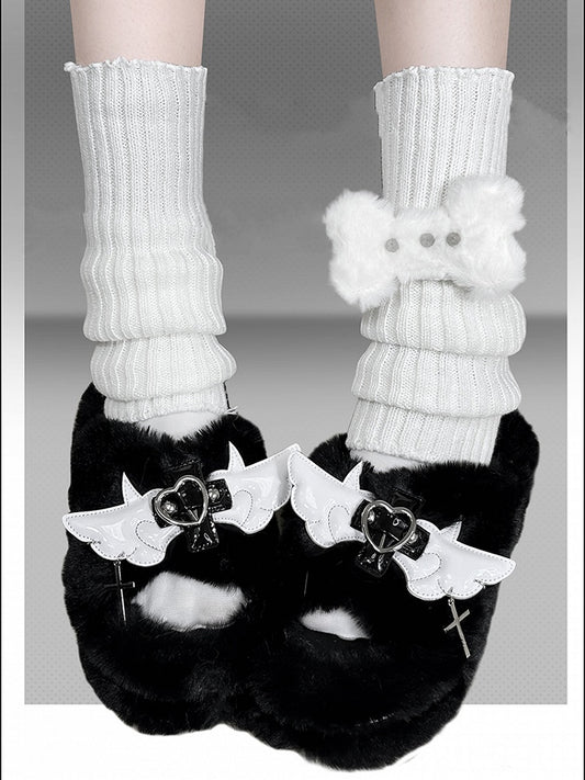 Cross Wings Decorated Black Plush Platform Slippers Punk Winter Shoes