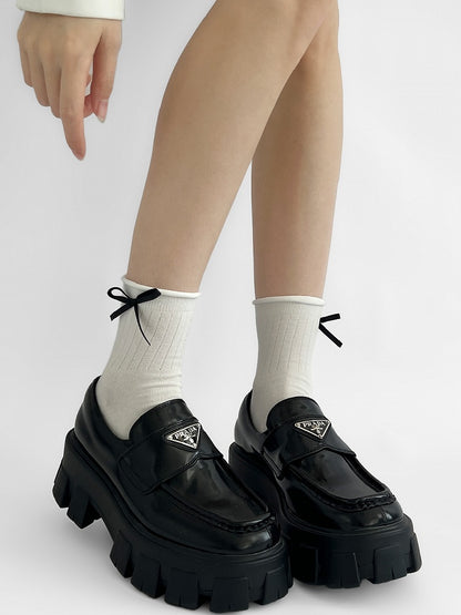 All White/White&Black Bowknot Detail Rolled-Trim Socks
