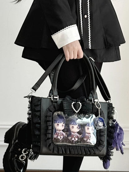Jirai Kei Black Beaded Heart Decorated Bowknot Lace Trim Ita Bag with Free PVC Card Holder