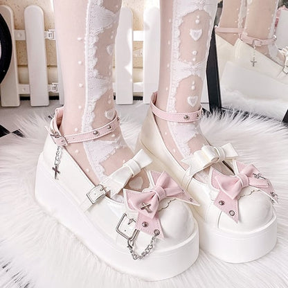 Punk Crosses and Chains White Bow Accents Platforms Buckle Ankle Strap