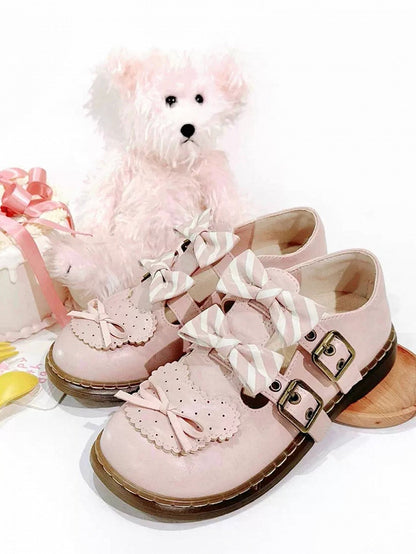 Pink Striped Pattern Bowknot Details Bear Design Lolita Flats