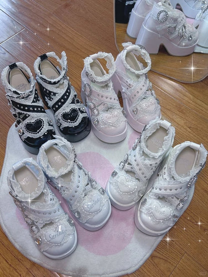 Jirai Kei Tenshi Kaiwai Platform Heels: Light Blue Criss-Cross Buckle Straps with Lace & Rhinestone Details