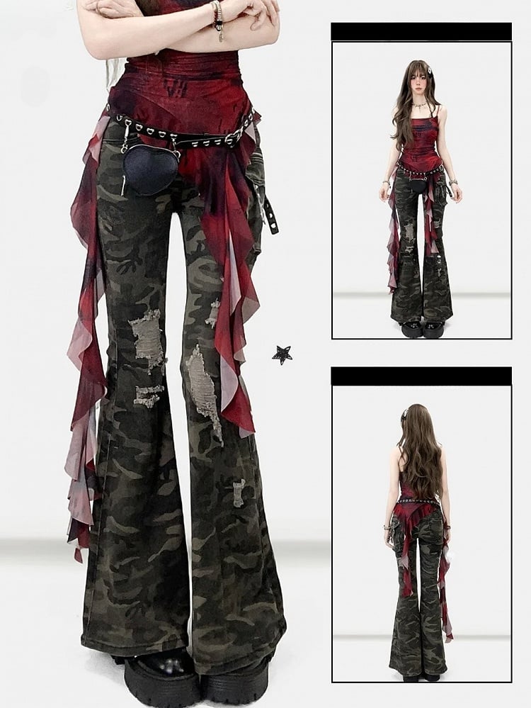 Army Green Camo Pattern Distressed Holes Details Flare Silhouette Jeans