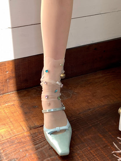 White Rhinestone Decorated Calf Socks