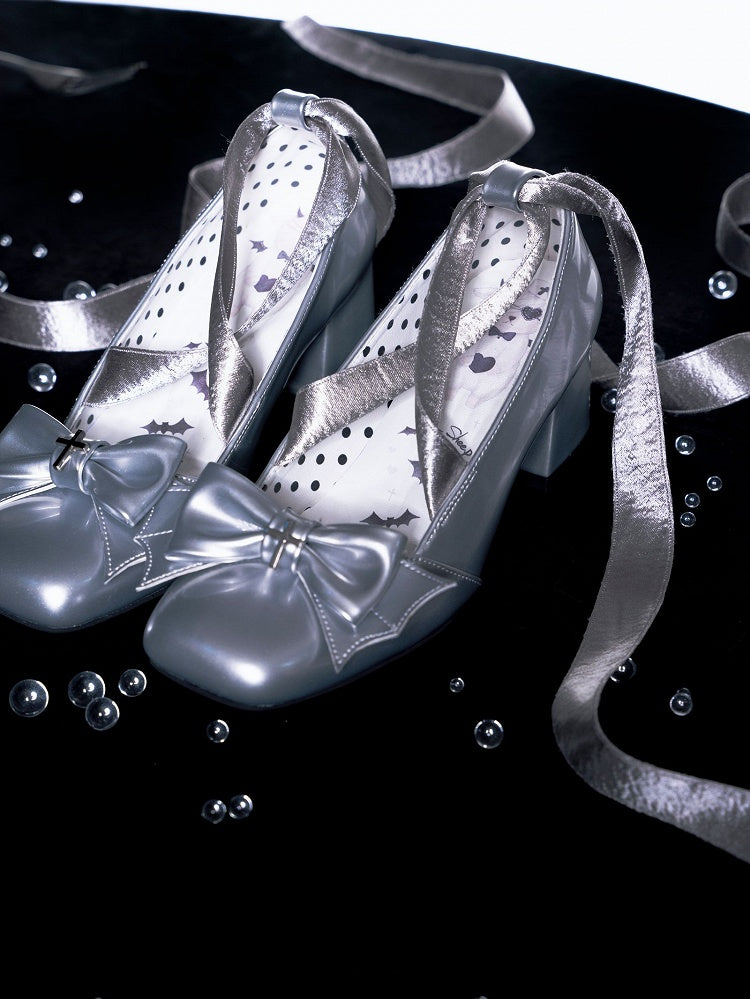 Bat Wings Bow Gothic Silver Lace-up Block Heels Balletcore Shoes