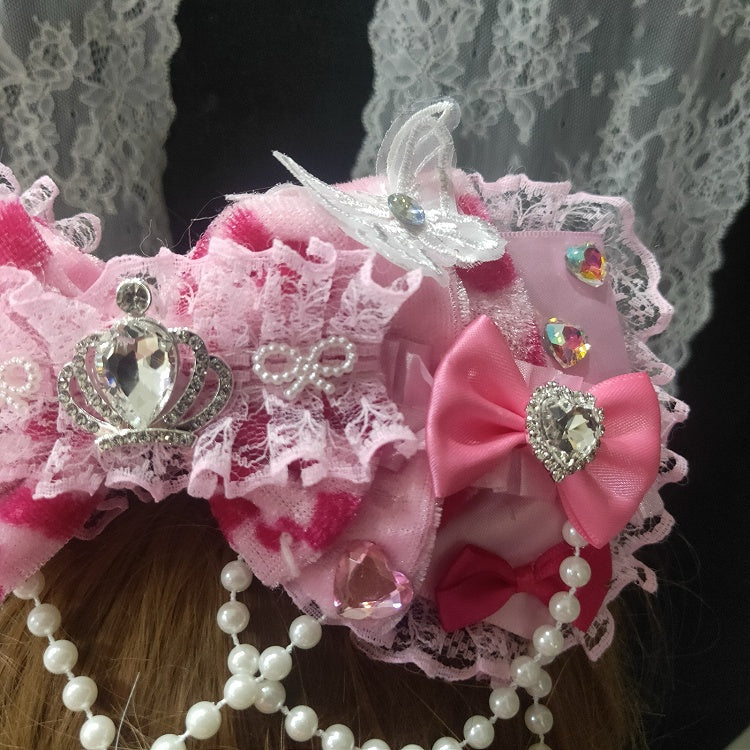 Pink Leopard Pattern Floral Design Beaded Charm Rhinestone Decorated Lace Trim Bowknot Hairclip